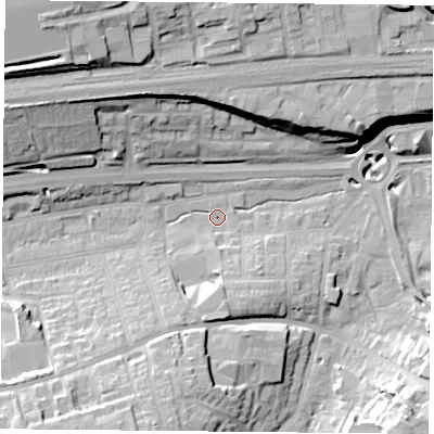 Shaded relief map of the ground around RG217RU, computed from Environment Agency LiDAR. The ground here sits at about 82 m above sea level and falls 26 m across the surrounding 800 m. Surface water reaching this point runs off ground lying to the west-north-west, 17.2 m higher.