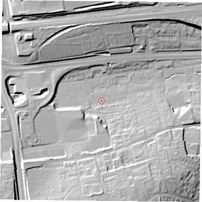 Shaded relief map of the ground around RG217RW, computed from Environment Agency LiDAR. The ground here sits at about 84 m above sea level and falls 23 m across the surrounding 800 m. Surface water reaching this point runs off ground lying to the south, 9.3 m higher.