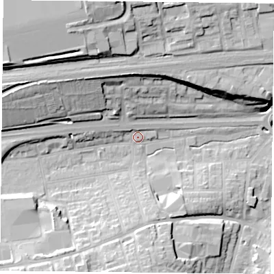 Shaded relief map of the ground around RG217RX, computed from Environment Agency LiDAR. The ground here sits at about 83 m above sea level and falls 28 m across the surrounding 800 m. Surface water reaching this point runs off ground lying to the west-north-west, 16.2 m higher.
