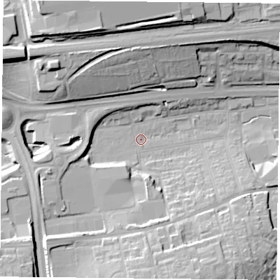 Shaded relief map of the ground around RG217RZ, computed from Environment Agency LiDAR. The ground here sits at about 84 m above sea level and falls 24 m across the surrounding 800 m. Surface water reaching this point runs off ground lying to the south-south-east, 0.9 m higher.