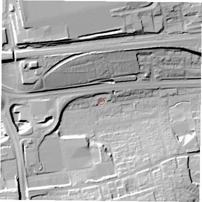 Shaded relief map of the ground around RG217SD, computed from Environment Agency LiDAR. The ground here sits at about 84 m above sea level and falls 24 m across the surrounding 800 m. Surface water reaching this point runs off ground lying to the north-west, 20.0 m higher.