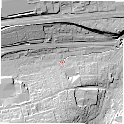 Shaded relief map of the ground around RG217SG, computed from Environment Agency LiDAR. The ground here sits at about 83 m above sea level and falls 26 m across the surrounding 800 m. Surface water reaching this point runs off ground lying to the north-west, 16.9 m higher.