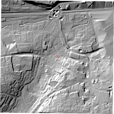 Shaded relief map of the ground around RG217SH, computed from Environment Agency LiDAR. The ground here sits at about 82 m above sea level and falls 24 m across the surrounding 800 m. Surface water reaching this point runs off ground lying to the south-east, 13.2 m higher.