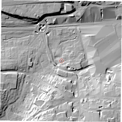 Shaded relief map of the ground around RG217SN, computed from Environment Agency LiDAR. The ground here sits at about 82 m above sea level and falls 22 m across the surrounding 800 m. Surface water reaching this point runs off ground lying to the south-east, 3.3 m higher.