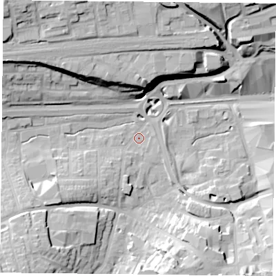 Shaded relief map of the ground around RG217TB, computed from Environment Agency LiDAR. The ground here sits at about 81 m above sea level and falls 24 m across the surrounding 800 m. Surface water reaching this point runs off ground lying to the south-west, 17.4 m higher.