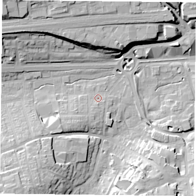 Shaded relief map of the ground around RG217TE, computed from Environment Agency LiDAR. The ground here sits at about 82 m above sea level and falls 24 m across the surrounding 800 m. Surface water reaching this point runs off ground lying to the south-south-west, 3.4 m higher.