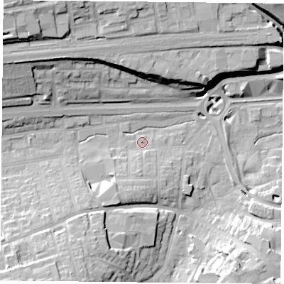 Shaded relief map of the ground around RG217TF, computed from Environment Agency LiDAR. The ground here sits at about 82 m above sea level and falls 26 m across the surrounding 800 m. Surface water reaching this point runs off ground lying to the south-south-west, 19.1 m higher.