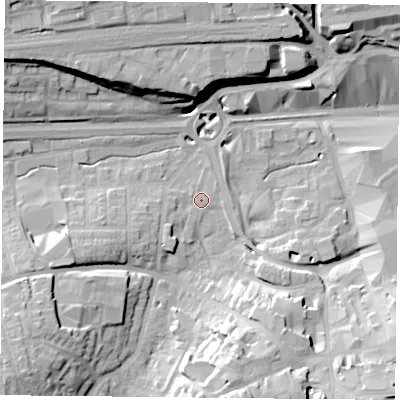 Shaded relief map of the ground around RG218FX, computed from Environment Agency LiDAR. The ground here sits at about 81 m above sea level and falls 21 m across the surrounding 800 m. Surface water reaching this point runs off ground lying to the south-west, 17.4 m higher.