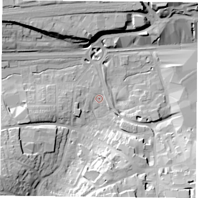 Shaded relief map of the ground around RG218FY, computed from Environment Agency LiDAR. The ground here sits at about 81 m above sea level and falls 21 m across the surrounding 800 m. Surface water reaching this point runs off ground lying to the south-west, 17.2 m higher.