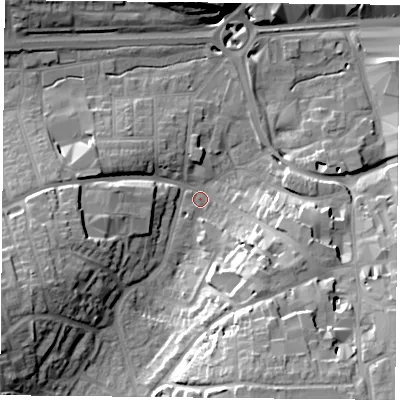 Shaded relief map of the ground around RG218SA, computed from Environment Agency LiDAR. The ground here sits at about 81 m above sea level and falls 24 m across the surrounding 800 m. Surface water reaching this point runs off ground lying to the south-south-east, 21.2 m higher.