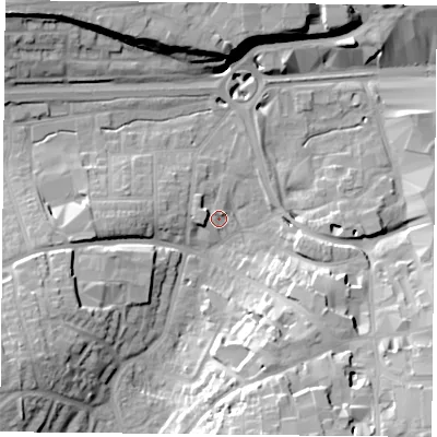 Shaded relief map of the ground around RG218SB, computed from Environment Agency LiDAR. The ground here sits at about 81 m above sea level and falls 22 m across the surrounding 800 m. Surface water reaching this point runs off ground lying to the south-south-east, 20.1 m higher.