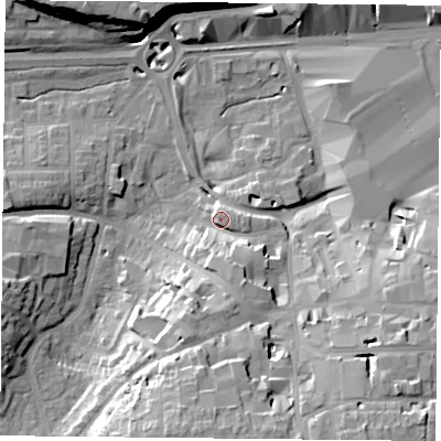 Shaded relief map of the ground around RG218SE, computed from Environment Agency LiDAR. The ground here sits at about 86 m above sea level and falls 24 m across the surrounding 800 m. Surface water reaching this point runs off ground lying to the south-south-east, 10.3 m higher.
