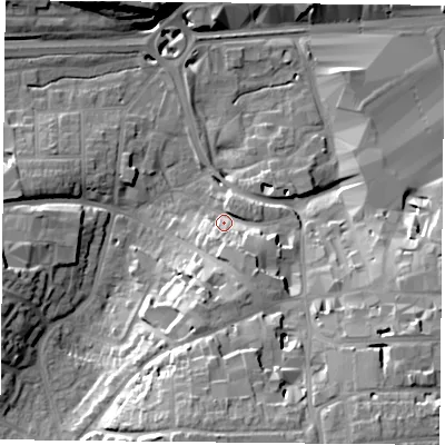 Shaded relief map of the ground around RG218SF, computed from Environment Agency LiDAR. The ground here sits at about 85 m above sea level and falls 24 m across the surrounding 800 m. Surface water reaching this point runs off ground lying to the south-south-east, 10.6 m higher.