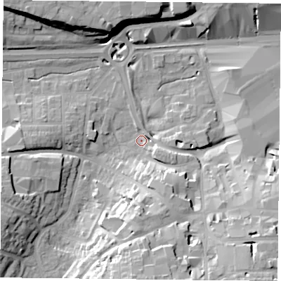 Shaded relief map of the ground around RG218SG, computed from Environment Agency LiDAR. The ground here sits at about 81 m above sea level and falls 22 m across the surrounding 800 m. Surface water reaching this point runs off ground lying to the south-south-east, 13.2 m higher.