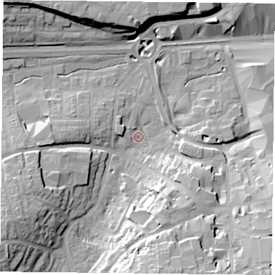 Shaded relief map of the ground around RG218SJ, computed from Environment Agency LiDAR. The ground here sits at about 81 m above sea level and falls 23 m across the surrounding 800 m. Surface water reaching this point runs off ground lying to the south, 20.4 m higher.
