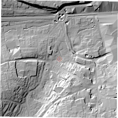Shaded relief map of the ground around RG218SP, computed from Environment Agency LiDAR. The ground here sits at about 81 m above sea level and falls 24 m across the surrounding 800 m. Surface water reaching this point runs off ground lying to the south, 21.2 m higher.