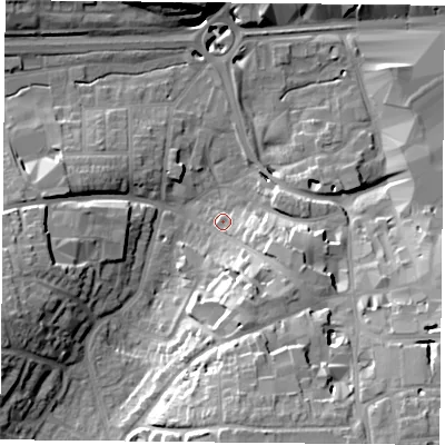 Shaded relief map of the ground around RG218SS, computed from Environment Agency LiDAR. The ground here sits at about 83 m above sea level and falls 24 m across the surrounding 800 m. Surface water reaching this point runs off ground lying to the south-south-east, 12.1 m higher.