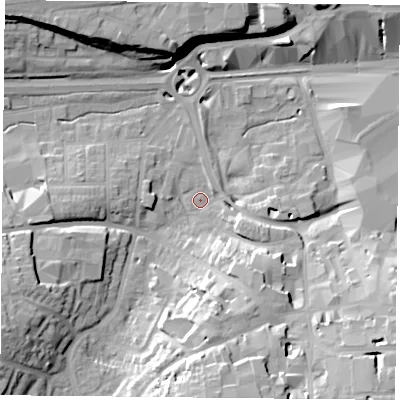 Shaded relief map of the ground around RG218SW, computed from Environment Agency LiDAR. The ground here sits at about 81 m above sea level and falls 22 m across the surrounding 800 m. Surface water reaching this point runs off ground lying to the south, 19.4 m higher.