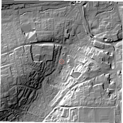 Shaded relief map of the ground around RG218XW, computed from Environment Agency LiDAR. The ground here sits at about 82 m above sea level and falls 26 m across the surrounding 800 m. Surface water reaching this point runs off ground lying to the south-south-east, 22.3 m higher.