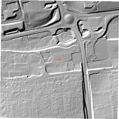 Shaded relief map of the ground around RG226NE, computed from Environment Agency LiDAR. The ground here sits at about 91 m above sea level and falls 20 m across the surrounding 800 m. Surface water reaching this point runs off ground lying to the south-south-west, 5.1 m higher.