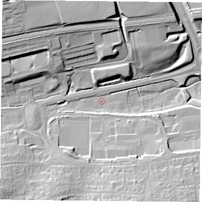 Shaded relief map of the ground around RG226PL, computed from Environment Agency LiDAR. The ground here sits at about 87 m above sea level and falls 26 m across the surrounding 800 m. Surface water reaching this point runs off ground lying to the south-south-east, 16.2 m higher.
