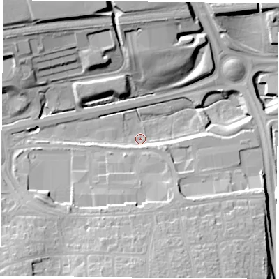 Shaded relief map of the ground around RG226PP, computed from Environment Agency LiDAR. The ground here sits at about 86 m above sea level and falls 23 m across the surrounding 800 m. Surface water reaching this point runs off ground lying to the south-east, 9.7 m higher.