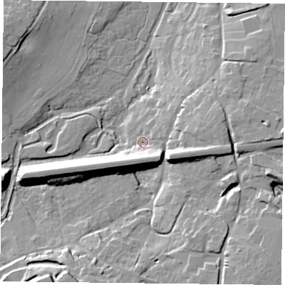 Shaded relief map of the ground around RG247AF, computed from Environment Agency LiDAR. The ground here sits at about 73 m above sea level and falls 17 m across the surrounding 800 m. Surface water reaching this point runs off ground lying to the south-south-east, 11.3 m higher.