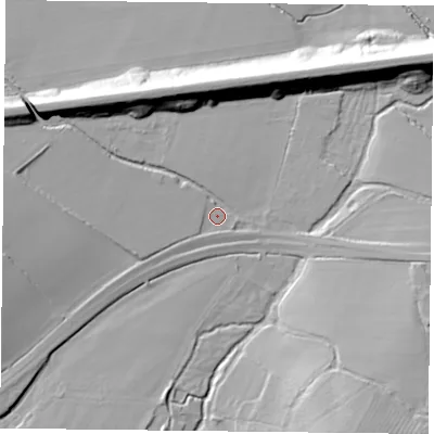Shaded relief map of the ground around RG247BA, computed from Environment Agency LiDAR. The ground here sits at about 67 m above sea level and falls 19 m across the surrounding 800 m. Surface water reaching this point runs off ground lying to the west, 10.7 m higher.