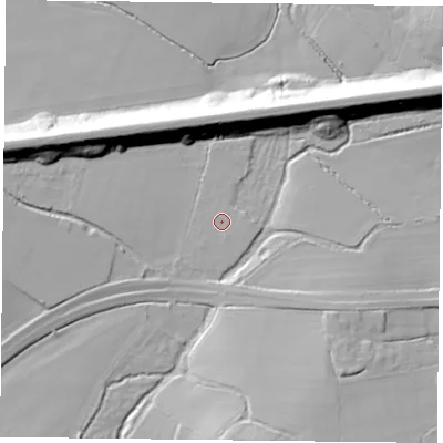 Shaded relief map of the ground around RG247BB, computed from Environment Agency LiDAR. The ground here sits at about 65 m above sea level and falls 18 m across the surrounding 800 m. Surface water reaching this point runs off ground lying to the south-east, 8.1 m higher.