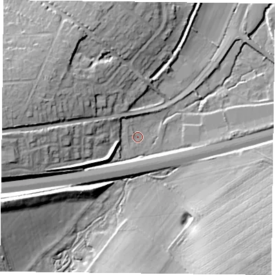 Shaded relief map of the ground around RG247JJ, computed from Environment Agency LiDAR. The ground here sits at about 76 m above sea level and falls 22 m across the surrounding 800 m. Surface water reaching this point runs off ground lying to the north-west, 1.5 m higher.