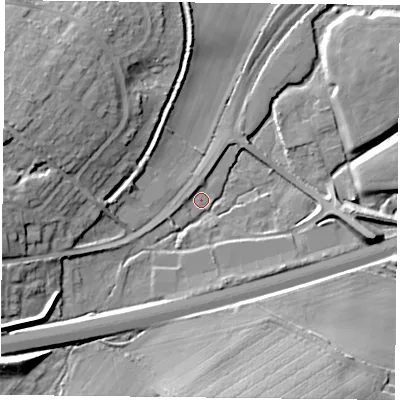 Shaded relief map of the ground around RG247JL, computed from Environment Agency LiDAR. The ground here sits at about 74 m above sea level and falls 18 m across the surrounding 800 m. Surface water reaching this point runs off ground lying to the west-south-west, 11.5 m higher.