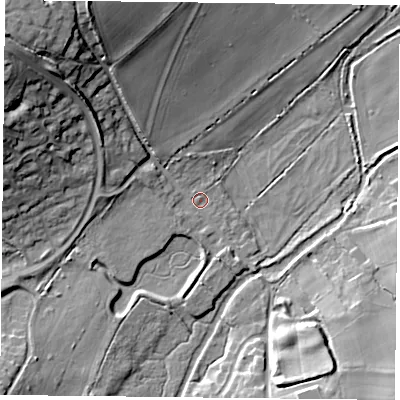 Shaded relief map of the ground around RG248AR, computed from Environment Agency LiDAR. The ground here sits at about 70 m above sea level and falls 27 m across the surrounding 800 m. Surface water reaching this point runs off ground lying to the north-west, 23.0 m higher.