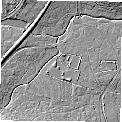 Shaded relief map of the ground around RG248PQ, computed from Environment Agency LiDAR. The ground here sits at about 69 m above sea level and falls 12 m across the surrounding 800 m. Surface water reaching this point runs off ground lying to the south-south-east, 3.7 m higher.