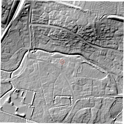 Shaded relief map of the ground around RG248RW, computed from Environment Agency LiDAR. The ground here sits at about 68 m above sea level and falls 19 m across the surrounding 800 m. Surface water reaching this point runs off ground lying to the south-south-west, 1.6 m higher.