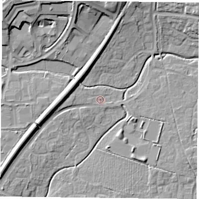 Shaded relief map of the ground around RG248ST, computed from Environment Agency LiDAR. The ground here sits at about 69 m above sea level and falls 18 m across the surrounding 800 m. Surface water reaching this point runs off ground lying to the south-west, 9.6 m higher.