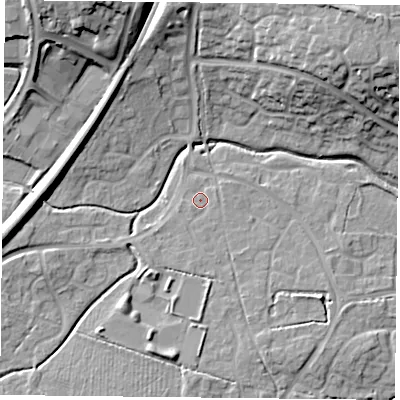 Shaded relief map of the ground around RG248SY, computed from Environment Agency LiDAR. The ground here sits at about 69 m above sea level and falls 19 m across the surrounding 800 m. Surface water reaching this point runs off ground lying to the south, 2.8 m higher.