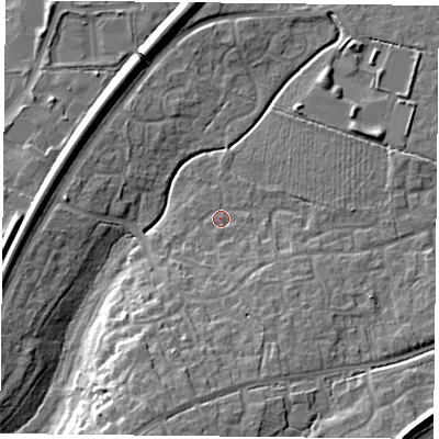 Shaded relief map of the ground around RG248TR, computed from Environment Agency LiDAR. The ground here sits at about 72 m above sea level and falls 17 m across the surrounding 800 m. Surface water reaching this point runs off ground lying to the south-south-west, 11.8 m higher.
