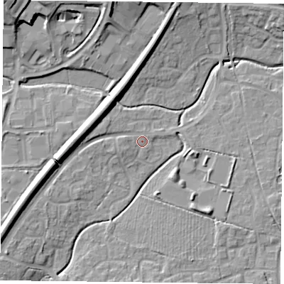 Shaded relief map of the ground around RG248TT, computed from Environment Agency LiDAR. The ground here sits at about 70 m above sea level and falls 16 m across the surrounding 800 m. Surface water reaching this point runs off ground lying to the south-west, 8.7 m higher.