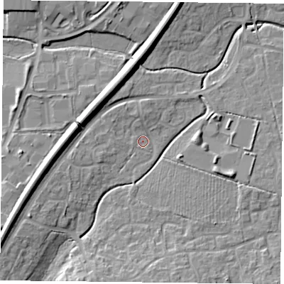 Shaded relief map of the ground around RG248TZ, computed from Environment Agency LiDAR. The ground here sits at about 70 m above sea level and falls 13 m across the surrounding 800 m. Surface water reaching this point runs off ground lying to the south-west, 9.1 m higher.