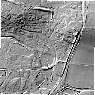 Shaded relief map of the ground around RG248WP, computed from Environment Agency LiDAR. The ground here sits at about 68 m above sea level and falls 23 m across the surrounding 800 m. Surface water reaching this point runs off ground lying to the east-north-east, 19.0 m higher.