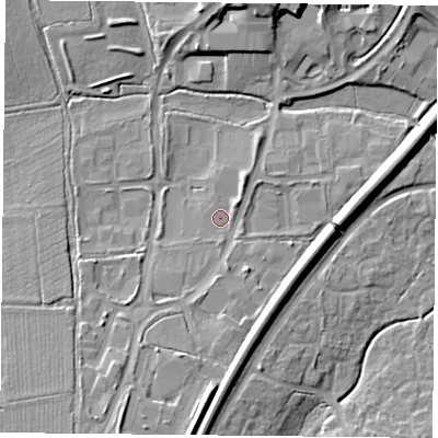 Shaded relief map of the ground around RG248WQ, computed from Environment Agency LiDAR. The ground here sits at about 72 m above sea level and falls 13 m across the surrounding 800 m. Surface water reaching this point runs off ground lying to the south-south-west, 3.2 m higher.