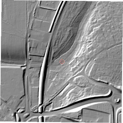Shaded relief map of the ground around RG248WW, computed from Environment Agency LiDAR. The ground here sits at about 73 m above sea level and falls 24 m across the surrounding 800 m. Surface water reaching this point runs off ground lying to the south-east, 20.5 m higher.