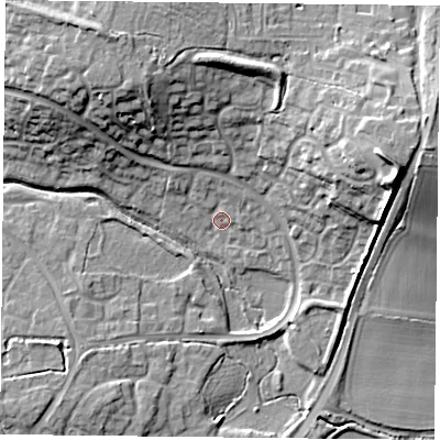 Shaded relief map of the ground around RG248WX, computed from Environment Agency LiDAR. The ground here sits at about 68 m above sea level and falls 22 m across the surrounding 800 m. Surface water reaching this point runs off ground lying to the east-north-east, 15.7 m higher.