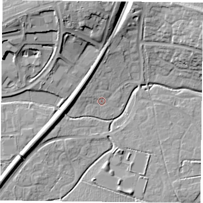 Shaded relief map of the ground around RG248XD, computed from Environment Agency LiDAR. The ground here sits at about 69 m above sea level and falls 19 m across the surrounding 800 m. Surface water reaching this point runs off ground lying to the north-west, 7.0 m higher.