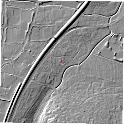 Shaded relief map of the ground around RG248XL, computed from Environment Agency LiDAR. The ground here sits at about 72 m above sea level and falls 17 m across the surrounding 800 m. The ground contributing surface water to this point lies to the west-north-west.