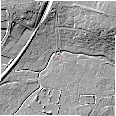 Shaded relief map of the ground around RG248XT, computed from Environment Agency LiDAR. The ground here sits at about 69 m above sea level and falls 20 m across the surrounding 800 m. Surface water reaching this point runs off ground lying to the north-east, 16.2 m higher.