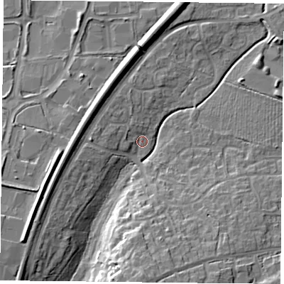 Shaded relief map of the ground around RG248XW, computed from Environment Agency LiDAR. The ground here sits at about 71 m above sea level and falls 17 m across the surrounding 800 m. Surface water reaching this point runs off ground lying to the south, 13.8 m higher.