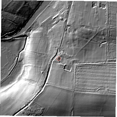 Shaded relief map of the ground around RG249HL, computed from Environment Agency LiDAR. The ground here sits at about 74 m above sea level and falls 24 m across the surrounding 800 m. Surface water reaching this point runs off ground lying to the south, 11.6 m higher.