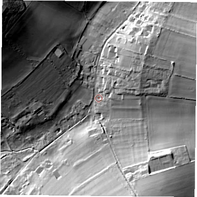 Shaded relief map of the ground around RG252EH, computed from Environment Agency LiDAR. The ground here sits at about 99 m above sea level and falls 35 m across the surrounding 800 m. Surface water reaching this point runs off ground lying to the north-west, 32.8 m higher.