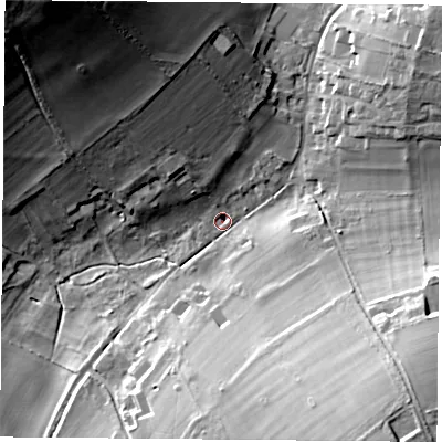 Shaded relief map of the ground around RG252EJ, computed from Environment Agency LiDAR. The ground here sits at about 98 m above sea level and falls 39 m across the surrounding 800 m. Surface water reaching this point runs off ground lying to the north-west, 36.2 m higher.